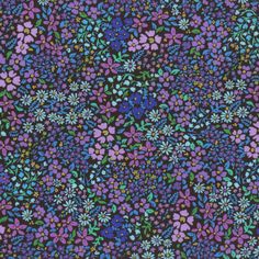 a purple and blue flower pattern on a black background with lots of small, colorful flowers