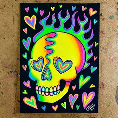 a painting of a skull with hearts on it