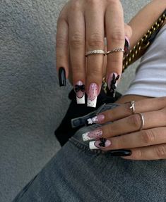 Acrylic Nails 2024, Gel X Extensions Nails, Long Square Nails Ideas, Aries Nail Designs, Paznokcie Hello Kitty, Black And White Nails, Punk Nails, Grunge Nails