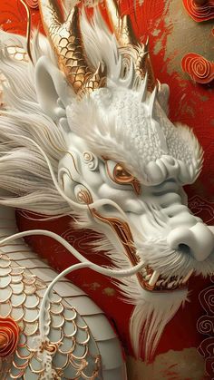 a white dragon with gold accents on it's head and tail, standing in front of a red background