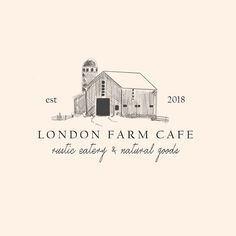 the logo for london farm cafe, which is located in front of a white barn