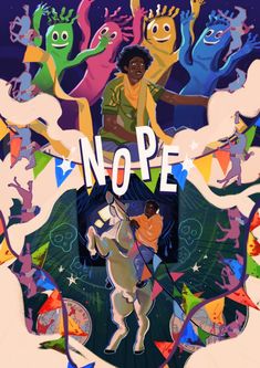 an image of people surrounded by stars and other things in the background that says nope