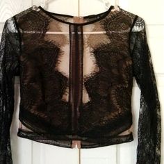 Beautiful Mid Waist Black Lace See Thru Top. Black Detail In Front Covers Breast And Leaves Cleavage Exposed. Looks Elegant On. Great For Cocktail Party Or Club Wear. Has A Rip In The Lower Back On Nude Part Of Fabric, Not Noticeable When Worn. Refer To Pictures. Zips Up In The Back. Elegant Sheer Crop Top For Evening, Elegant Sheer Evening Crop Top, Long Sleeve Lace Crop Top For Party, Cropped Lace Top For Party, Black Sheer Lace Top For Evening, Sheer Black Lace Top For Evening, Black Sheer Cropped Top, Black Long Sleeve Crop Top For Evening, Black Lace Crop Top For Party