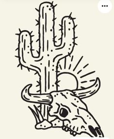 a black and white drawing of a bull skull next to a cactus