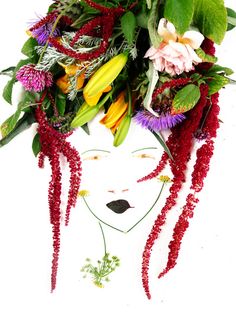 a woman's head with flowers on it and long braids in her hair