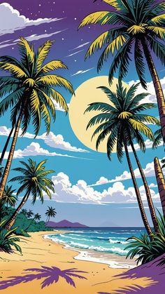 a tropical beach with palm trees and the moon in the sky over the ocean illustration