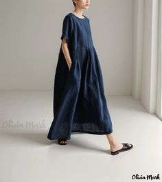 Olivia Mark - Artistic and Casual Long Sleeve Linen Blend Texture Maxi Dress Casual Boho Outfits, Textured Maxi Dress, Long Sleeve Denim Dress, Basic Skirt, Cotton Blends Dress, Textured Dress, Linen Texture, Maxi Dress Navy, Linen Maxi Dress