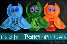 three paper plates with owls on them and the words colofu pattena owl's