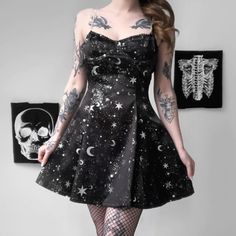 Stardust Dress, Estilo Harajuku, Black Strapless Dress, Style Punk, Gothic Dress, Polyester Dress, Harajuku Fashion, Printed Mini Dress