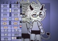 an anime character with horns and glasses next to a computer screen showing it's characters