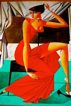 a painting of a woman in a red dress and high heels sitting on a chair