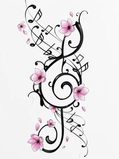 a music note with pink flowers on it