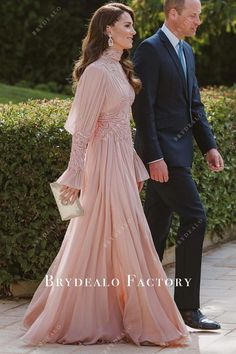 Kate Middleton Pink Long Sleeve A-line Wedding Guest Dress Inspiration Images A Line Evening Gowns Elegant, Wedding Guest Dress With Long Sleeves, Long Sleeve Chiffon Dress Classy, Kate Middleton Dresses Gowns, Pink Dress Elegant Long Sleeve, Mother Of The Bride Dresses Long Elegant, Prince Of Jordan, Celebrity Wedding Guest, A Line Wedding Guest Dress