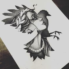 a black and white drawing of a girl with leaves on her head, in the shape of a bird