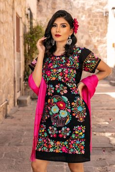 This Beautiful Floral embroidered Dress is the perfect dress to add to your wardrobe.  -Its cute enough to dress up for a party or even just wear it to a picnic.  -It is handmade and hand embroidered with love by Mexican Artisans in Puebla, Mexico. More dresses here: https://www.etsy.com/es/shop/SoleiEthnic?ref=seller-platform-mcnav&section_id=25367133 Womens Mexican Fiesta Outfit Ideas, Plus Size Mexican Dress, Fiesta Theme Party Outfit Women, Mexican Fashion Modern, Mexican Bridesmaid Dresses, Shorter Dresses, Frida Kahlo Dress, Mexican Fiesta Dresses, Charro Outfit