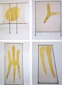 four pictures of different shapes and sizes of letters on a white surface with yellow paint