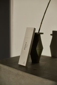 a single flower in a black vase with a white box on the table next to it