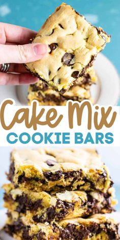 a stack of cookie bars on top of a white plate with the words cake mix cookie bars