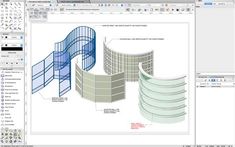 an image of a computer screen showing the design process for a curved wall and spiral staircase