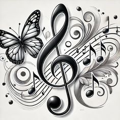 a black and white drawing of music notes with butterflies