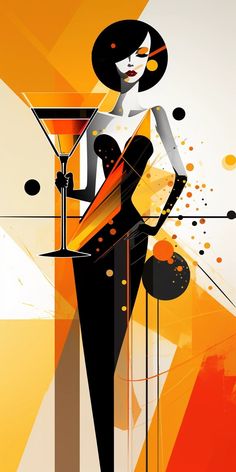 a woman holding a martini glass in front of an orange and black background with circles