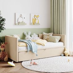 a child's bedroom with a bed, rug and toys on the floor in front of a window