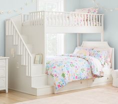 a white bunk bed sitting in a bedroom next to a dresser and window on top of a hard wood floor