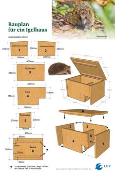 the instructions for making a hedgehog house in wood with measurements and pictures on it