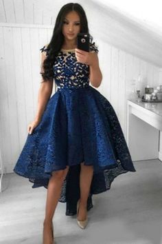 Cocktailkleid Kurz Blau | Abiballkleider Abendkleider Spitze | Babyonlinedress.de Navy Blue Lace Cocktail Dress, Prom Dresses Short Blue, Blue Lace Prom Dress, Cap Sleeve Prom Dress, Cocktail Dress Short, Homecoming Dresses Lace, Royal Blue Lace, Girls Blue Dress, Lace Prom Dress