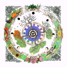 "The wheel of the year is an ancient and beautiful guide that helps us chart the seasons and celebrate the rhythms and changes of nature. This print is my interpretation of the wheel derived from an original pen and ink drawing. It features the Sabbats: Yule, Imbolc, Ostara, Beltane, Litha, Lughnassad (Lammas), Mabon and Samhain as well as the signs of the zodiac with their corresponding constellations. Four trees at the center represent four seasons.  Each piece is printed at 13x13\" on matte c Pagan Calendar, Solstice Art, Lunar Phases, Wheel Of The Year, Altar Decor, Year Calendar, Norse Runes, Lunar Phase, Celtic Art