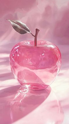 an apple shaped object with a leaf sticking out of it's center, on a pink background