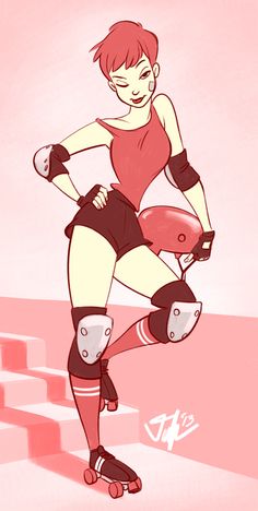 a drawing of a female rollerblader in red shirt and black shorts with knee pads