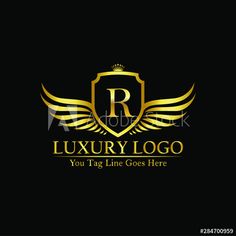 luxury logo design with golden wings and letter person on black background for business, company or brand