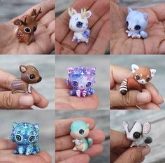 small animal figurines sitting in the palm of someone's hand, all different colors