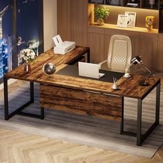 an office desk made out of wood and metal