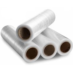 three rolls of clear stretch film on white background