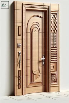 a wooden door with an intricate design on the front and side panels, as if it were carved from wood