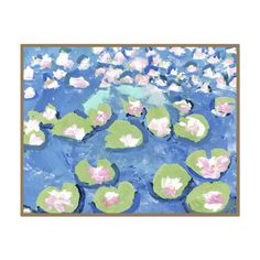 water lilies are floating in the pond with blue sky and white clouds behind them