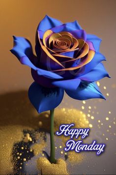 a blue rose with the words happy monday written on it and gold sprinkles