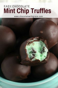 chocolate mint chip truffles in a blue bowl