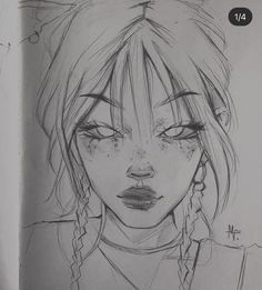 a pencil drawing of a girl with big eyes