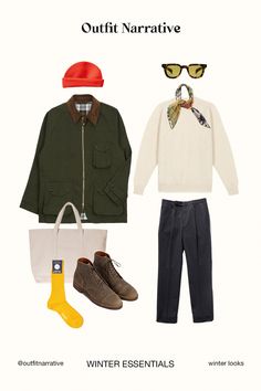 This Casual Winter Outfit features a waxed coverall jacket, shetland sweater and navy chinos with leather boots. Amping up the style cool sunglasses, a bandana and a colourful beanie complete the look with a perfect blend of casual menswear and ivy style Navy Jacket Outfit Men, Winter Style Men, Work Jacket Outfit Men, Outdoor Outfit Men, Casual Winter Bandana, Mens Winter Scarf Fashion, Rugged Denim Jacket For Winter Streetwear, Winter Outfits Men Gorpcore, Navy Jacket Outfit