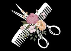 a pair of scissors with flowers and leaves on the handle are shown against a black background