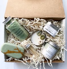 the matcha gift box is packed with various items such as soaps, scrubs and candles