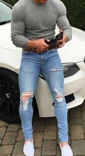 Cheap Ripped Jeans, Ripped Jeans For Men, Denim Shirt Outfit, Herren Style, Trening Fitness, Elegante Casual, Mode Casual, Fit Fashion, Mens Fashion Casual Outfits