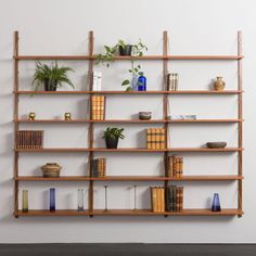 a wooden shelf with books and plants on it