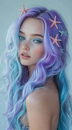 Siren Hair Color, Mermaid Hair Halloween, Kids Mermaid Hair, Halloween Mermaid, Siren Makeup Mermaid Halloween Costumes, Mermaid Costume Hair Hairstyles, Siren Hairstyles, Mermaid Halloween Makeup, Simple Mermaid Makeup