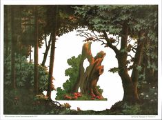 an image of a painting of trees in the woods with flowers and plants around them