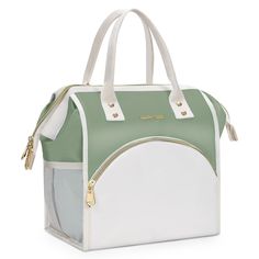 a white and green handbag on a white background