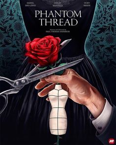 a movie poster with a person holding a rose and scissors in front of the image